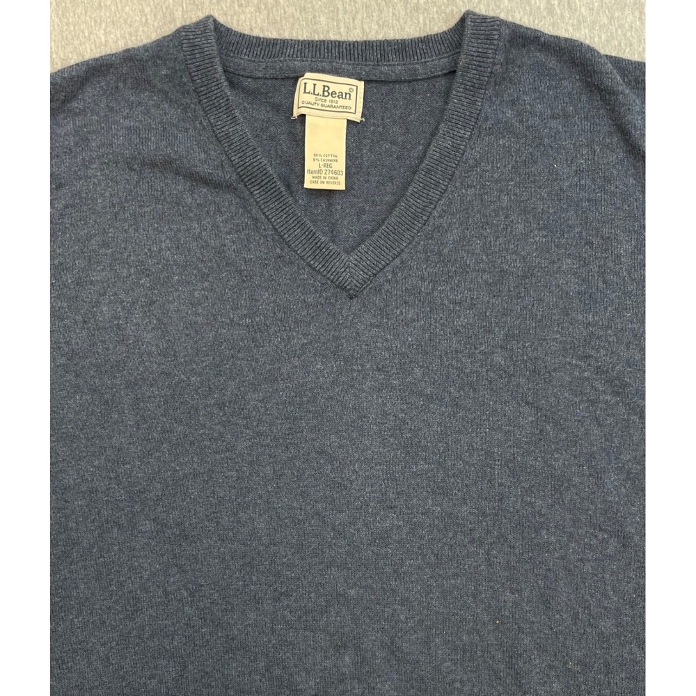 LL Bean Sweater Mens Large Gray Cotton Cashmere V-Neck Tight Knit Pullover